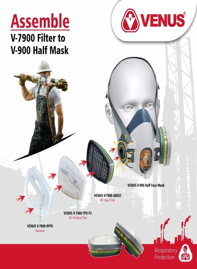 VENUS - V-900 - Half Face Respirator Mask with ABEK1 Multigas Filter Cartridges - ISI Certified, Twist & Click Filter Lock, Chemical & Carcinogenic Respiratory Protection - Combo Pack - Grey - Image 3